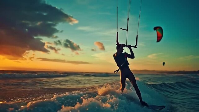 Person kite surfing in ocean waves at sunset with a parasail