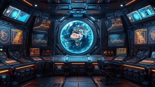 Astronauts operate futuristic space control room with Earth on viewscreen and computer consoles.