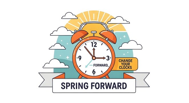Spring Forward Concept with Alarm Clock and Sun