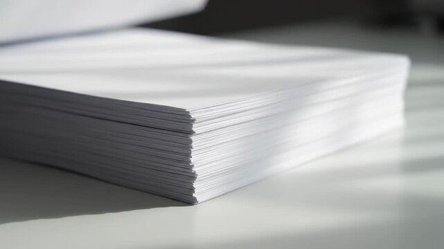 Stack of papers subtly shifting. A neat stack of identical papers rests on a flat surface, edges aligned, as faint air movement causes the top sheets to shift slightly.