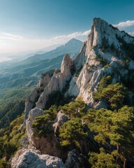 Majestic limestone peaks of Ai-Petri mountains under a clear blue sky.
