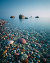 A serene wild beach with colorful pebbles and calm blue sea. A few large rocks in the water.
