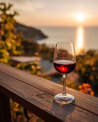 A close-up of a glass of red Crimean wine on a terrace overlooking the vineyards and the sea at sunset.