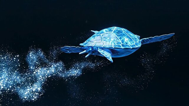 Magical blue glowing turtle swimming gracefully through dark water leaving sparkling trail footage