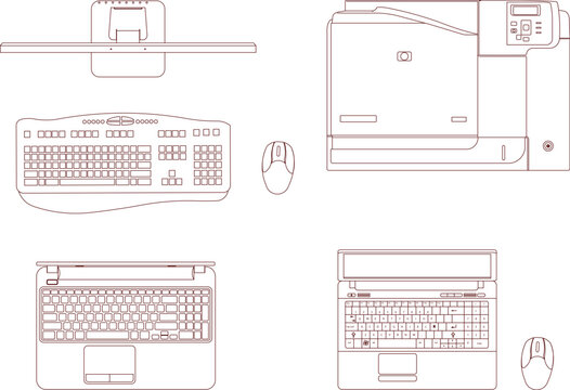 Collection of office technology icons featuring laptops, keyboard, mouse, and printer in top view for workspace floor plans.