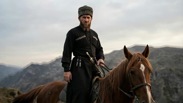Proud Chechen Highlander Riding Horse in Traditional Dress in Caucasus Mountains