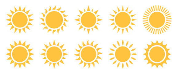 Set of  yellow sun icons.Sunshine icon isolated on white background.