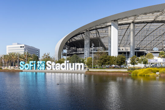 Inglewood, CA, USA - November 14, 2024: Sofi Stadium is home to the NFL Los Angeles Rams and Chargers. The state-of-the-art building is a past and future site for the Super Bowl and Olympics.