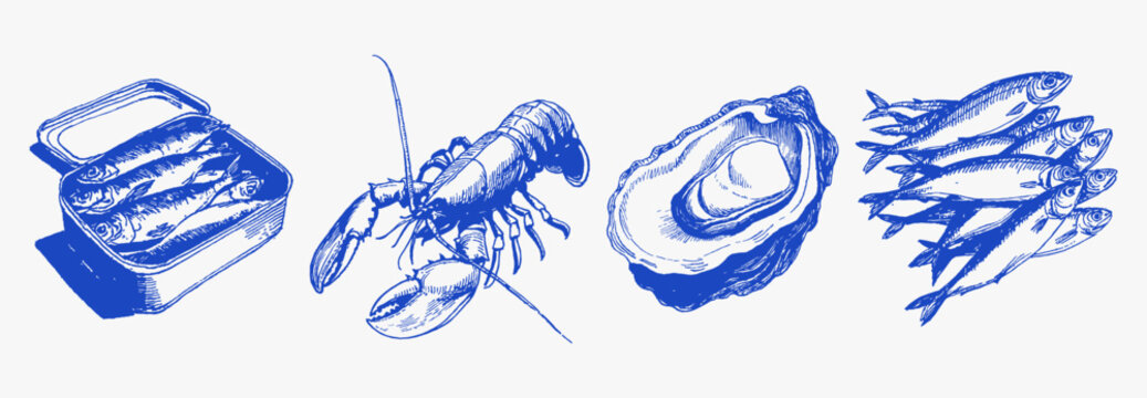 Mediterranean seafood fish lobster oyster sardine vintage. Hand drawn blue sketch line food illustrations for menu or packaging.