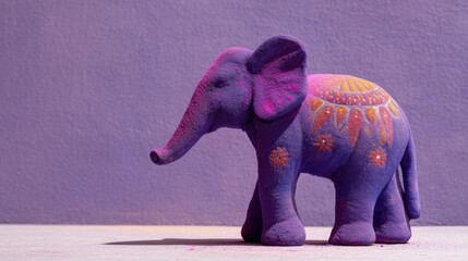 Elephant with violet and marigold powder on plaster stage