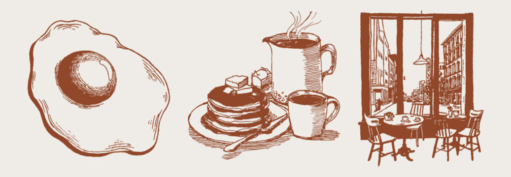 Fried egg and pancake coffee breakfast food set. Hand drawn crayon vintage sketch drawing line style. Classic brunch plates with butter, syrup and warm drinks.