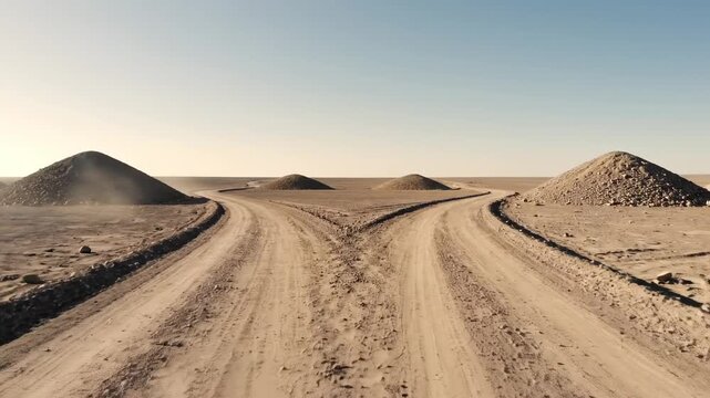 Forking paths in empty landscape. A minimalist barren landscape showing a single path splitting into several identical roads under an empty sky.