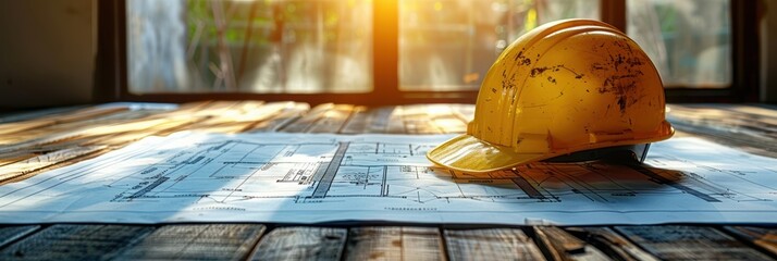 Hard Hat on Blueprint Drawing Representing Construction Safety Planning
