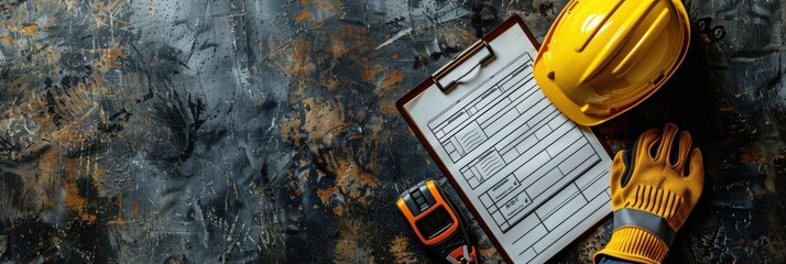 Construction Safety Equipment Flat Lay with Hard Hat and Clipboard on Concrete Floor
