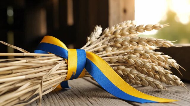 Tied wheat bundle. A small bundle of wheat stalks bound with intertwined blue and yellow ribbon, emphasizing texture and contrast.