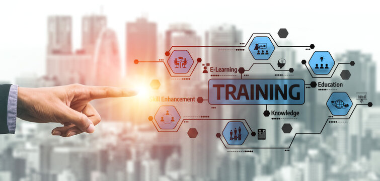 This image illustrates a modern training concept featuring a hand pointing at digital icons representing education, knowledge, and e-learning against a city skyline. Tessel