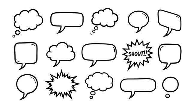 Collection of various hand-drawn comic book style speech bubbles and thought balloons featuring different shapes for dialogue and text.