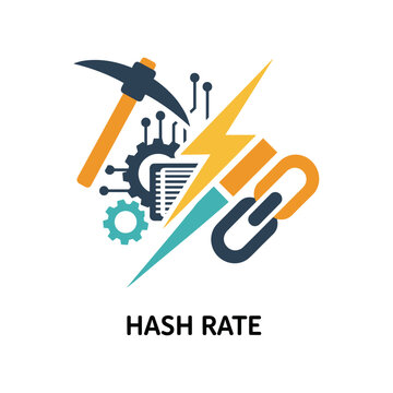 Cryptocurrency mining hash rate concept with gear, hammer, and golden bitcoin symbols