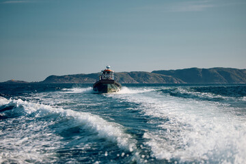 the coast of the Barents Sea, pleasure boats in the sea, the rocky shore with colourful arctic carpet of moss, yagel, Tundra at autumn © Vladimir Drozdin