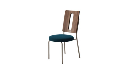Modern chair with wooden back and blue cushioned seat