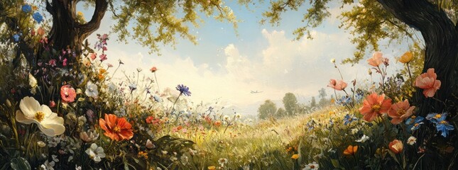 Serene Landscape with Vibrant Flowers and Trees.