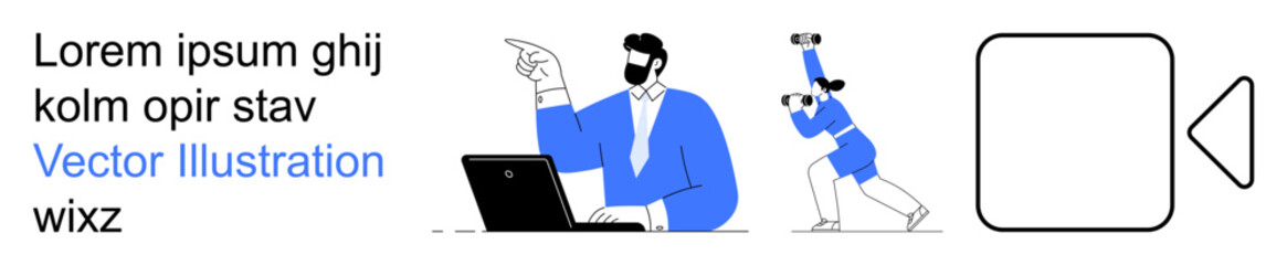 Remote work, video production, creative projects, online interaction, technology use, and collaboration. Person using laptop and another with a camera. Remote work and video production focused © robu_s