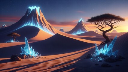 Futuristic desert landscape with glowing crystal formations and volcanic peaks