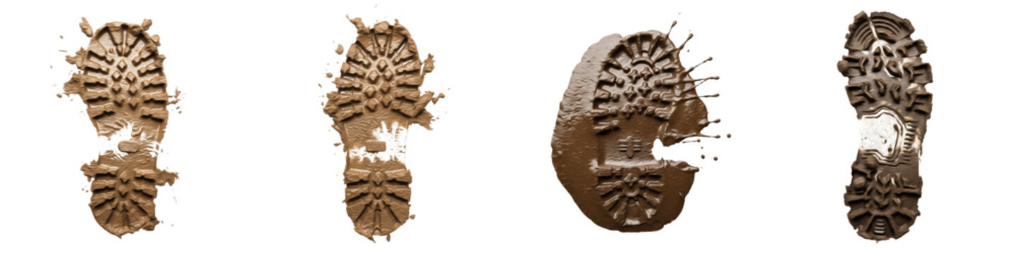 Dirty Muddy Boot Prints, Realistic Brown Mud Footprints and Shoe Sole Impressions, Isolated Soil Texture PNG