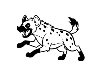 Obraz premium Cartoon Hyena Running with Open Mouth and Spots Black and White Illustration.