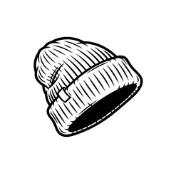 Classic Knitted Beanie Hat Black and White Illustration.