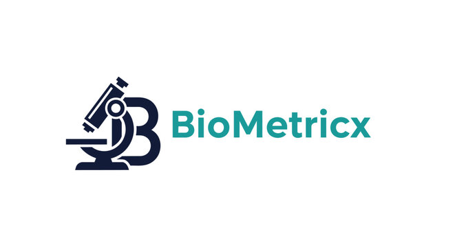 Modern logo design combining a microscope and the letter B in teal and blue, representing biotechnology, laboratory research, and scientific analysis, isolated white background.
