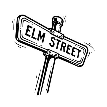 Elm Street sign in a classic woodcut style.