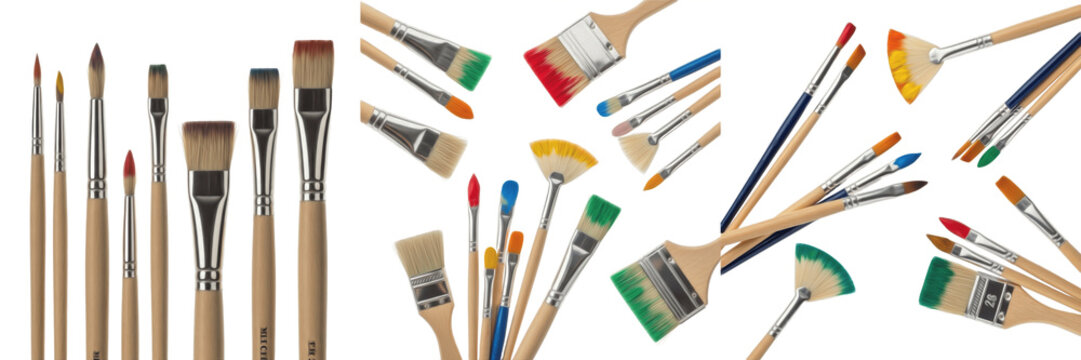 Set and collection of professional artist paintbrushes with various bristles and fan brushes in different angles isolated on white transparent PNG background