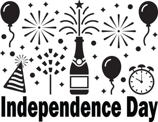 Black and white celebrating Independence Day with fireworks balloons party hat champagne bottle and alarm clock © Badhyajit