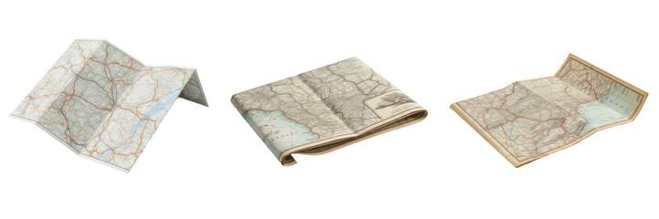 Set and collection of vintage folded paper topographic maps for travel and navigation mockup isolated on white transparent PNG background © imageworld