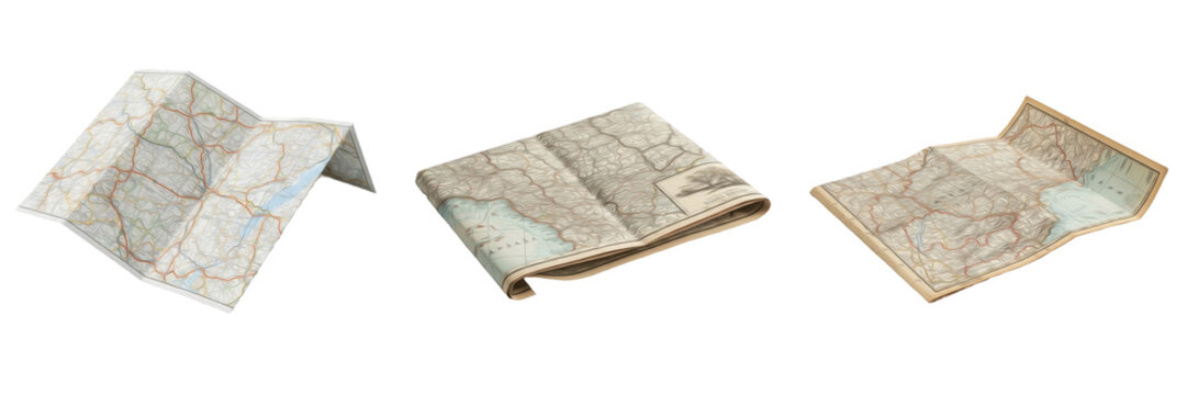 Set and collection of vintage folded paper topographic maps for travel and navigation mockup isolated on white transparent PNG background