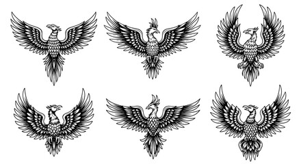 Set of six majestic phoenix bird illustrations with spread wings.