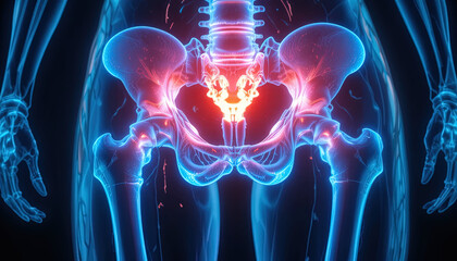 Illuminated representation of human pelvic bone structure indicating localized inflammation or pain in the sacral region