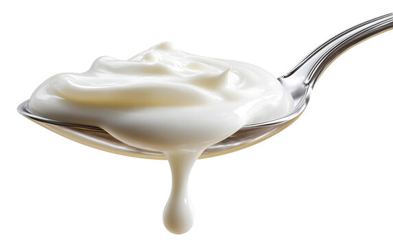 Fresh yogurt flowing over spoon highlighting rich creamy consistency and visually appealing snack or breakfast ingredient isolated on transparent background PNG