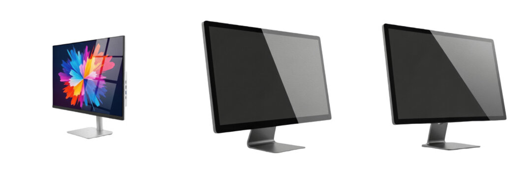 Set and collection of modern slim computer monitors and high-resolution desktop displays in various angles isolated on white transparent PNG background