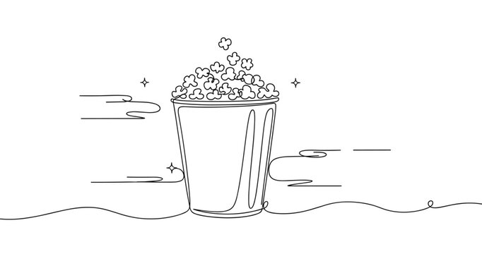Monochrome outline of popcorn bucket with clouds and stars. No editable strokes