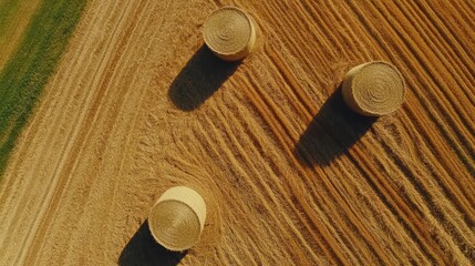 Three Hay Bales on Golden Field.