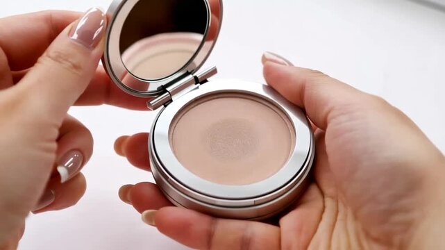 Woman holding makeup compact case open.
