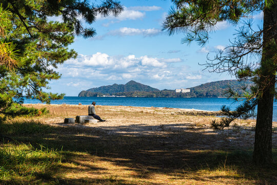 Stunning view in Amanohashidate on a sunny day. Monju, Miyazu, Kyoto, Japan.