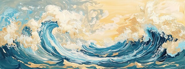 Ocean Wave Painting with Blue Water.