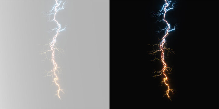 dramatic lightning bolt strikes in a dark and stormy night sky, overlay tunder png