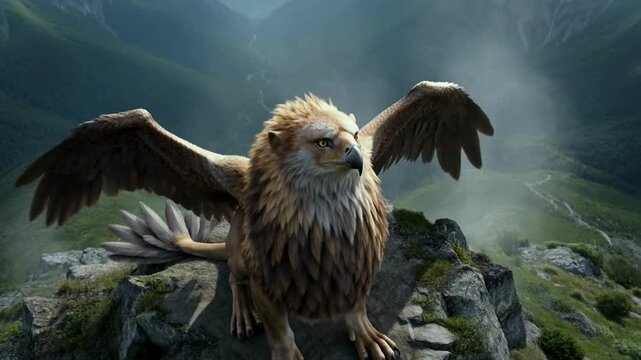 Majestic griffin perched on rocky peak in misty mountains majestic mythical creature aerial view