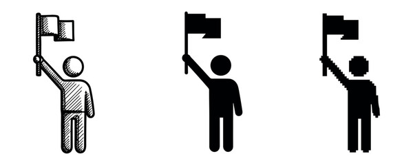 Stick figures holding flags: hand-drawn, solid, pixel designs