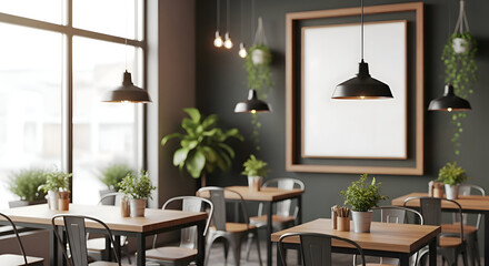 Obraz premium Cozy cafe interior with wooden tables and hanging pendant lights cafe, interior, restaurant, coffee shop