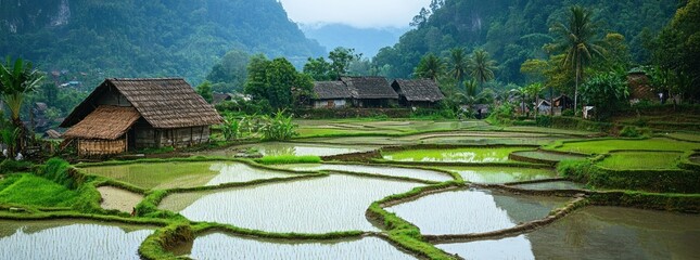Serene Rice Fields with Traditional Village Huts.